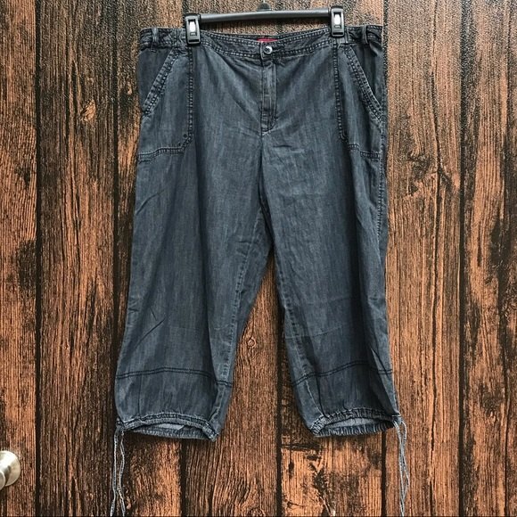 Merona Wide Leg Cropped Capri Drawstring Tie Hem Faded Black Cotton Women's 16 - Picture 10 of 11